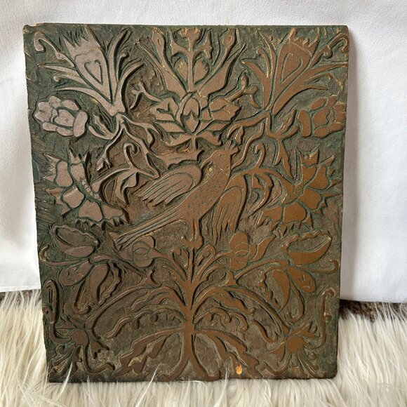 Vintage Large Hand Carved Print Block Bird Flowers on Wood MCM - Picture 1 of 5